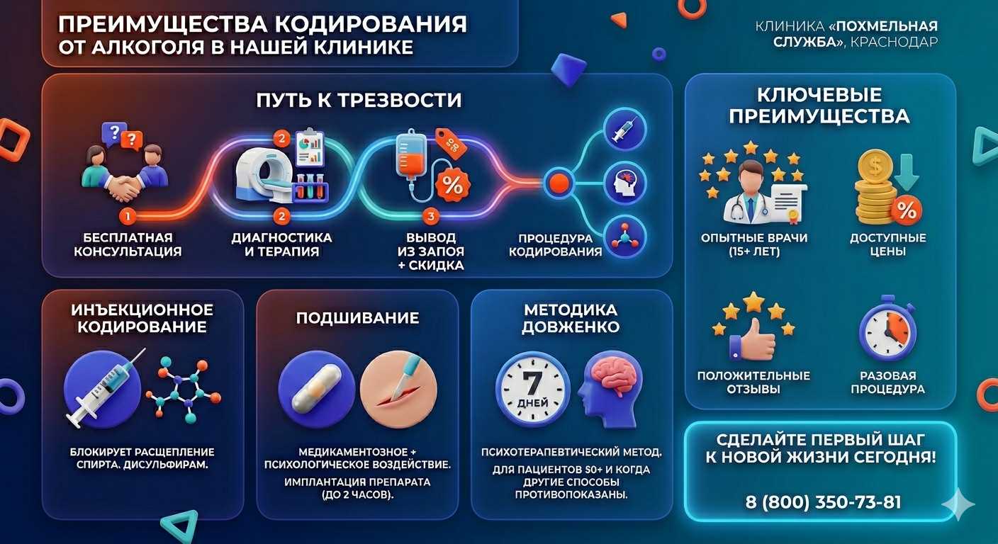 Инфографика о методах кодирования от алкоголя в Петровске-Забайкальском: инъекции, подшивание, метод Довженко. Преимущества клиники и этапы лечения.